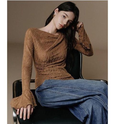 法式优雅高级肌理T恤女装2026春秋季新款捏褶斜领百搭长袖上衣S-XL 商品图0