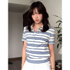 【小众设计感❗️美式复古条纹POLO衫】经典蓝白条纹，自带清爽的海风感，利落翻领 + 半开襟纽扣，修饰颈部线条，比普通T恤更显精致与层次感，收腰短袖T恤夏季正肩短款L 商品缩略图0
