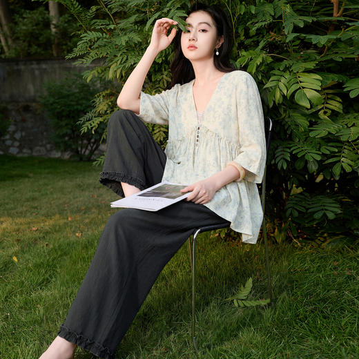 三彩2026春季新款纯色休闲裤高腰九分裤木耳边宽松阔腿裤简约S 商品图3