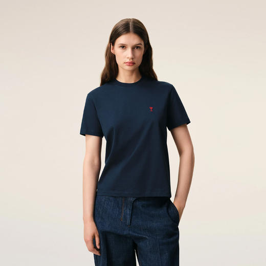 AMI PARIS 中性心形徽标刺绣棉质圆领短袖T恤 蓝色 BFUTS035 724 430 商品图1