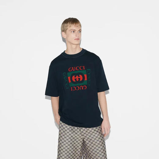 GUCCI 古驰 男士字母徽标印花针织棉质圆领短袖T恤 深蓝色 784361 XJGKA 4735 商品图3