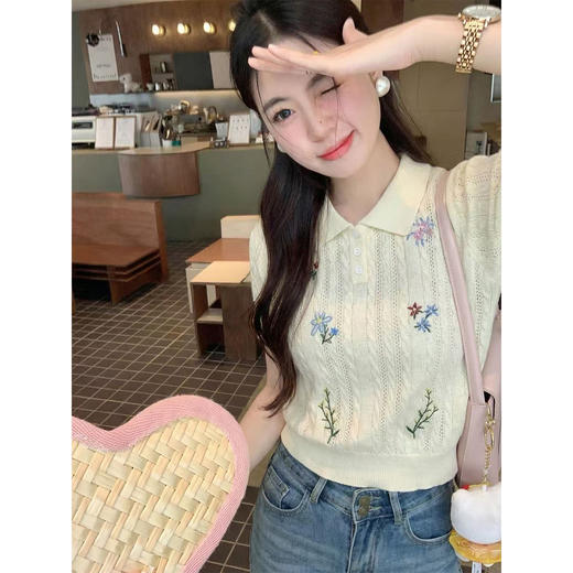 <曾小咸推荐>杏色钩花刺绣毛织短袖t恤上衣 商品图0