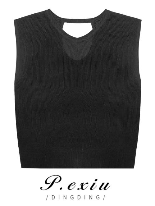 03-2潘依绣丁丁宠粉夏季新款圆领镂空露背宽松显瘦无袖针织背心 K1832 商品图0