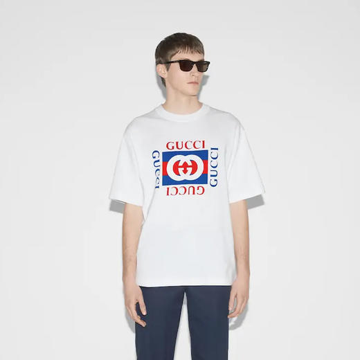 GUCCI 古驰 男士字母徽标印花针织棉质圆领短袖T恤 白色 784361 XJGKA 9074 商品图3