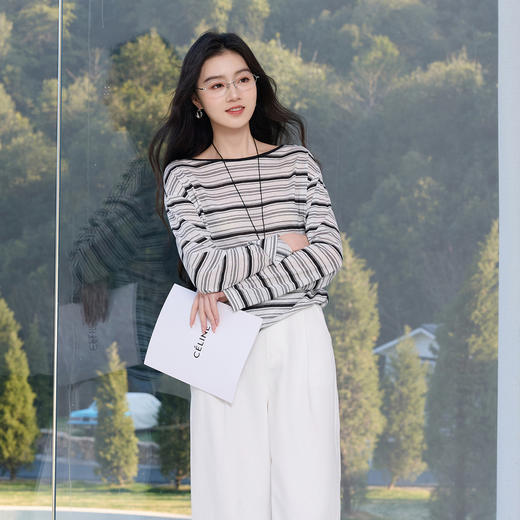 【莱赛尔】三彩2026春季新款一字领条纹T恤长袖上衣宽松罩衫S 商品图2