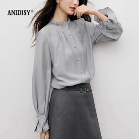 复古宫廷风木耳边立领喇叭长袖单排扣衬衫