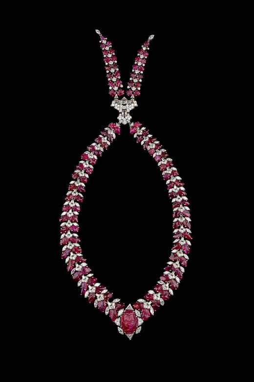 独角鹿西洋古董1935年代法国Art Deco时期出品铂金白金镶嵌红宝石钻石项链 商品图4