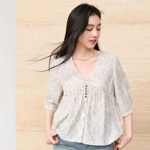 三彩2026春季新款V领七分袖衬衣宽松套头娃娃衫碎花清新上衣S 商品图2