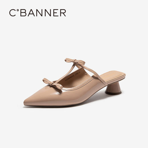 千百度粗中跟包头拖女2026夏季新款尖头蝴蝶结通勤外穿羊皮凉拖鞋A26206088 商品图1