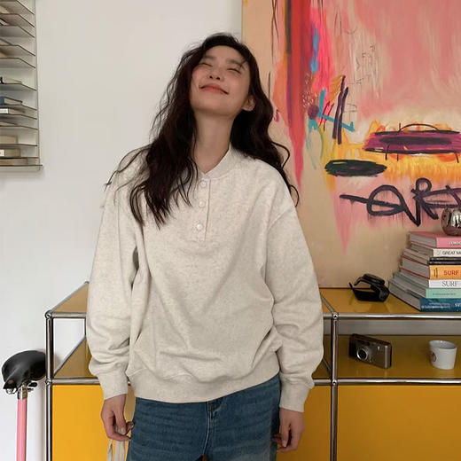 【时髦百搭，率性洒脱】MANCAIDI春季新款女宽松简约纯色棉质亨利领卫衣设计感立领时尚洋气套头卫衣 商品图1