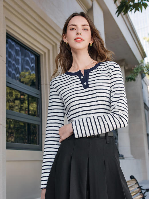 【百图lulu定制】【海军条纹T恤】海军深蓝  V领 条纹 长袖T恤 商品图2