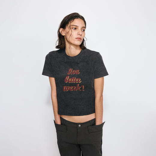 NUTH爱心撞色字母印花修身短款短袖T恤女 白色/灰色 商品图4