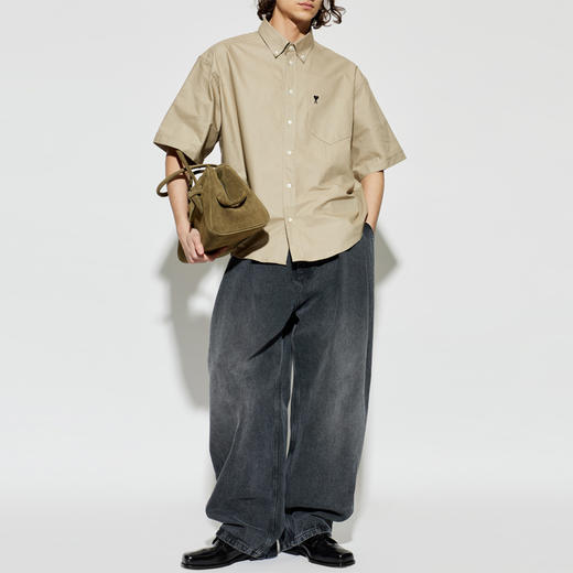 AMI PARIS 男士心形徽标刺绣棉质短袖衬衫 米色 HSH823 CO0210 A036 商品图4