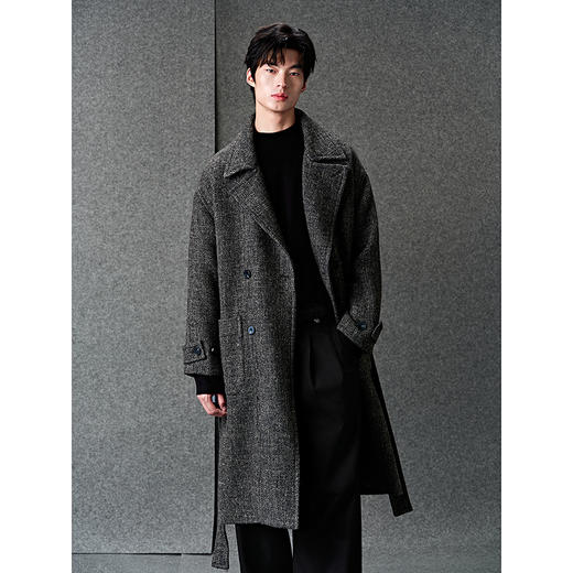 GXG男装 定织亚麻羊毛混纺双排扣经典柴斯特长款大衣25年冬季热卖 商品图2