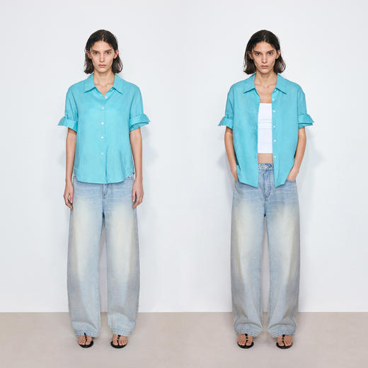 NUTH亚麻翻领宽松短袖衬衫女 湖蓝色/黄色/橙色 商品图1