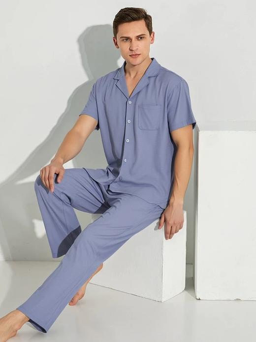 【提花棉莫代尔系列】舒雅男士莫代尔棉睡衣 夏季翻领开衫短袖长裤家居服套装39/27134H 商品图1