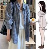 【韩系慵懒氛围❗️复古蓝白格纹宽松衬衫】经典蓝白小格纹，自带韩系慵懒氛围，不挑穿搭风格，轻松穿出随性松弛的日常感，落肩设计包容肩宽，适度放量不压个子，休闲格纹外套宽松外搭衬衣L★美物社 商品缩略图2