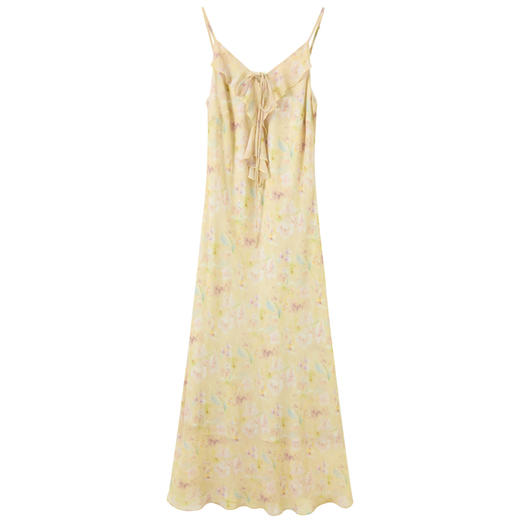 三彩2026春季新款碎花吊带裙荷叶边连衣裙斜裁长裙度假M 商品图4