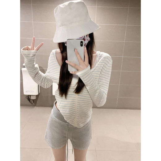 <曾小咸推荐>韩系蓝白条纹拉链长袖t恤上衣 商品图0