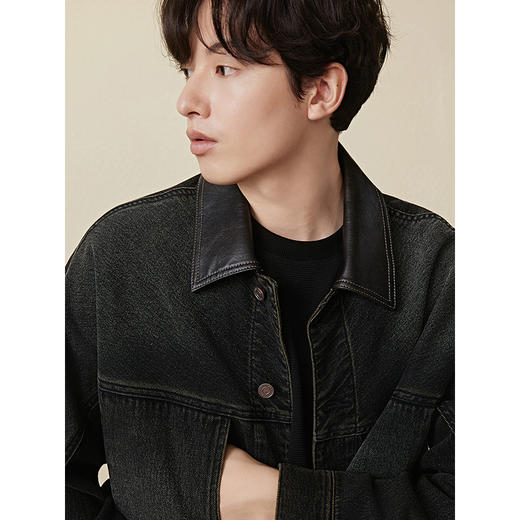 GXG男装 巴恩风领口拼接PU牛仔夹克男宽松复古外套 25秋季热卖 商品图3