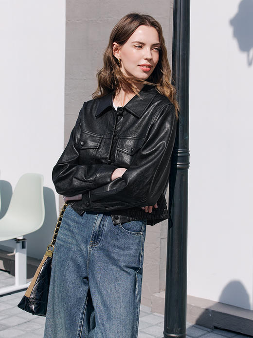 【百图lulu定制】【银座皮衣】翻领 口袋 收腰 刚柔并济皮衣外套 商品图5