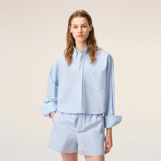AMI PARIS 女士心形徽标压花棉质短款宽松长袖衬衫 浅蓝色 FSH770 CO0031 450 商品图1
