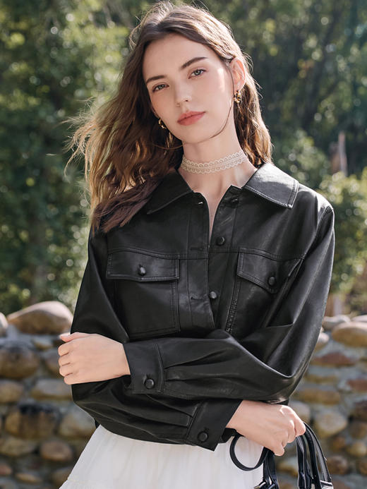 【百图lulu定制】【银座皮衣】翻领 口袋 收腰 刚柔并济皮衣外套 商品图9