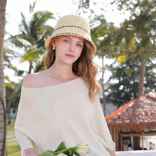 三彩2026新款米白针织水桶盆帽遮阳编织显脸小撞色时尚休闲度假女 商品图2