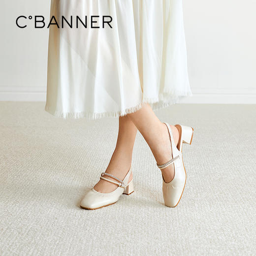 千百度轻奢真皮时装凉鞋女2026夏季新款包头后空粗中跟玛丽珍凉鞋A26226817 商品图0