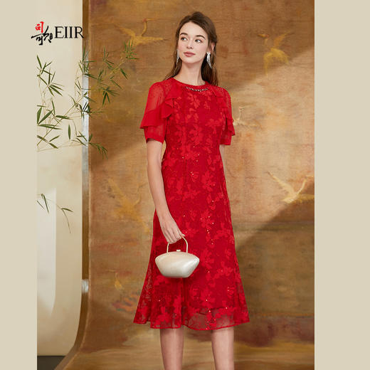 司歌蕾丝收腰鱼尾裙连衣裙喜庆红裙短袖A911047X 商品图0