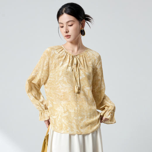 QS100%桑蚕丝高级感衬衫26春灯笼袖小衫双绉绑带印花女小衫上衣2979 商品图0