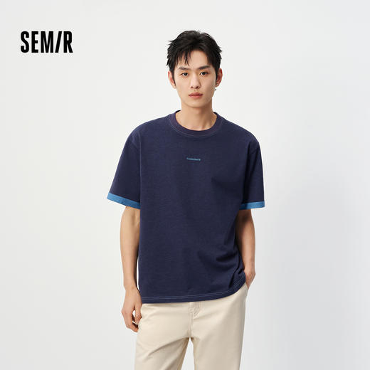 森马短袖T恤男夏季翻折撞色袖口针织衫2026新款潮流字母印花上衣 商品图0