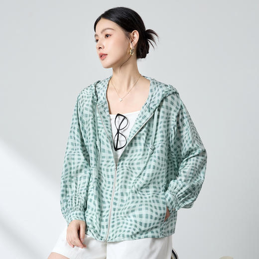 QS[100%桑蚕丝]26春格纹运动风透气连帽外套韩系防晒短外套2993 商品图1