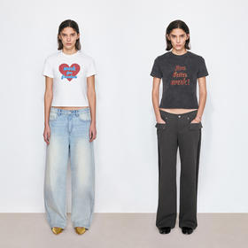 NUTH爱心撞色字母印花修身短款短袖T恤女 白色/灰色