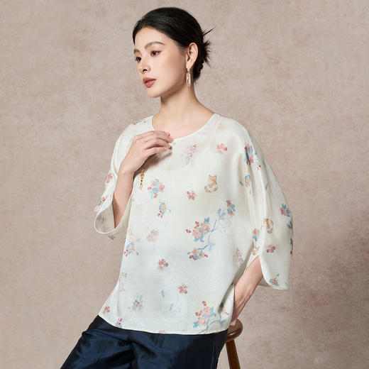 QS100%桑蚕丝26春新中式圆领国风印花上衣女装显瘦衬衫2191 商品图0