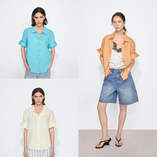 NUTH亚麻翻领宽松短袖衬衫女 湖蓝色/黄色/橙色 商品图0