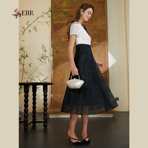 司歌黑白拼色蕾丝连衣裙夏短袖收腰A911061x 商品图4