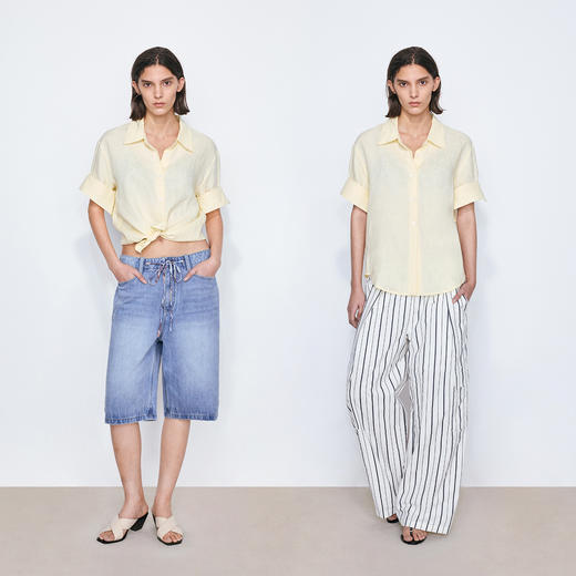 NUTH亚麻翻领宽松短袖衬衫女 湖蓝色/黄色/橙色 商品图2