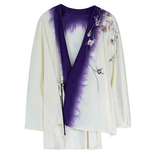 牧衣游原创 22姆米重磅吊染手工刺绣桑蚕丝外套古朴系带开衫 云半 商品图4