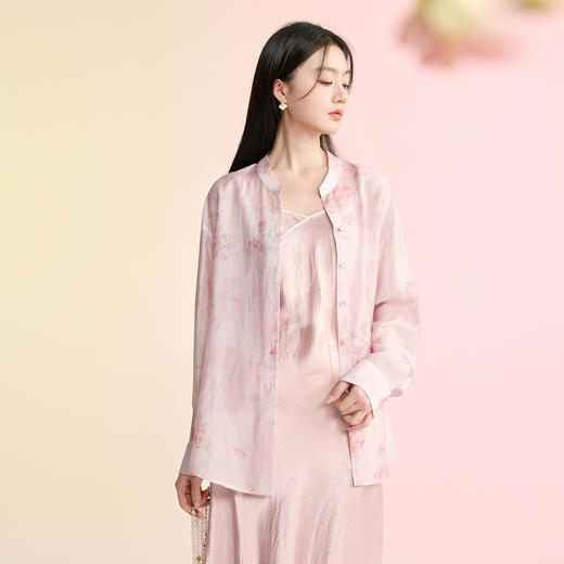 三彩【雨霁山樱】2026春季新款新中式莱赛尔宽松衬衫中长开衫C 商品图1