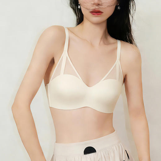 官网499！爱家轻薄深V网纱拼接光面无痕文胸内衣女 1/2半杯无钢圈软支撑收副乳聚拢内衣 商品图3
