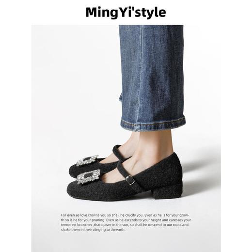 【水钻方扣羊毛版玛丽珍鞋】2026秋冬女鞋加绒方头一字带粗跟鞋子保暖法式单鞋 商品图3