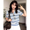 【小众设计感❗️美式复古条纹POLO衫】经典蓝白条纹，自带清爽的海风感，利落翻领 + 半开襟纽扣，修饰颈部线条，比普通T恤更显精致与层次感，收腰短袖T恤夏季正肩短款L 商品缩略图3