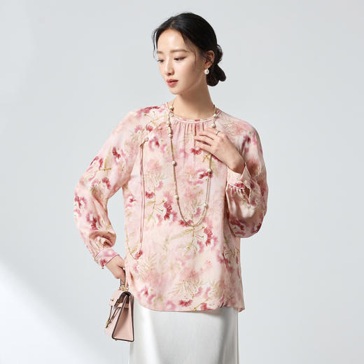 QS原创新中式重磅印花上衣20姆米丝粘重绉中长26春国风衬衣小衫2803 商品图2