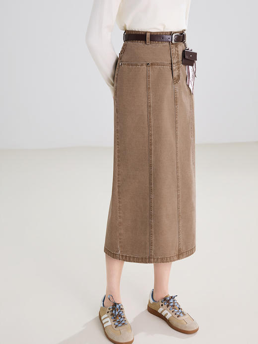 【百图lulu定制】【双影牛仔半裙】【送皮带】 复古 卡其色  直筒  显瘦高腰半身裙 商品图2