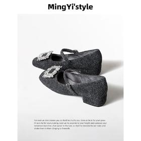 【水钻方扣羊毛版玛丽珍鞋】2026秋冬女鞋加绒方头一字带粗跟鞋子保暖法式单鞋