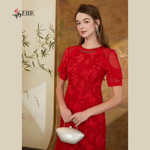 司歌蕾丝收腰鱼尾裙连衣裙喜庆红裙短袖A911047X 商品图2