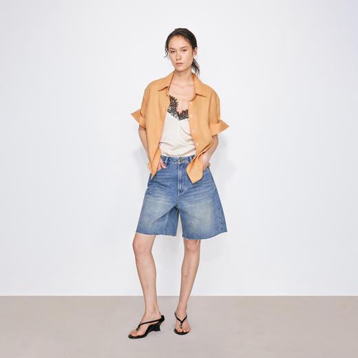 NUTH亚麻翻领宽松短袖衬衫女 湖蓝色/黄色/橙色 商品图4