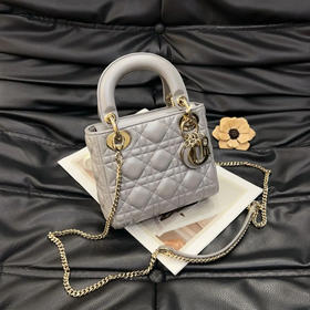 Dior 珠光灰 羊皮 三格 金扣 戴妃包