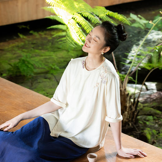 牧衣游原创 手工刺绣桑蚕丝衬衫新款炒色百搭古朴真丝衬衣 初朴 商品图0